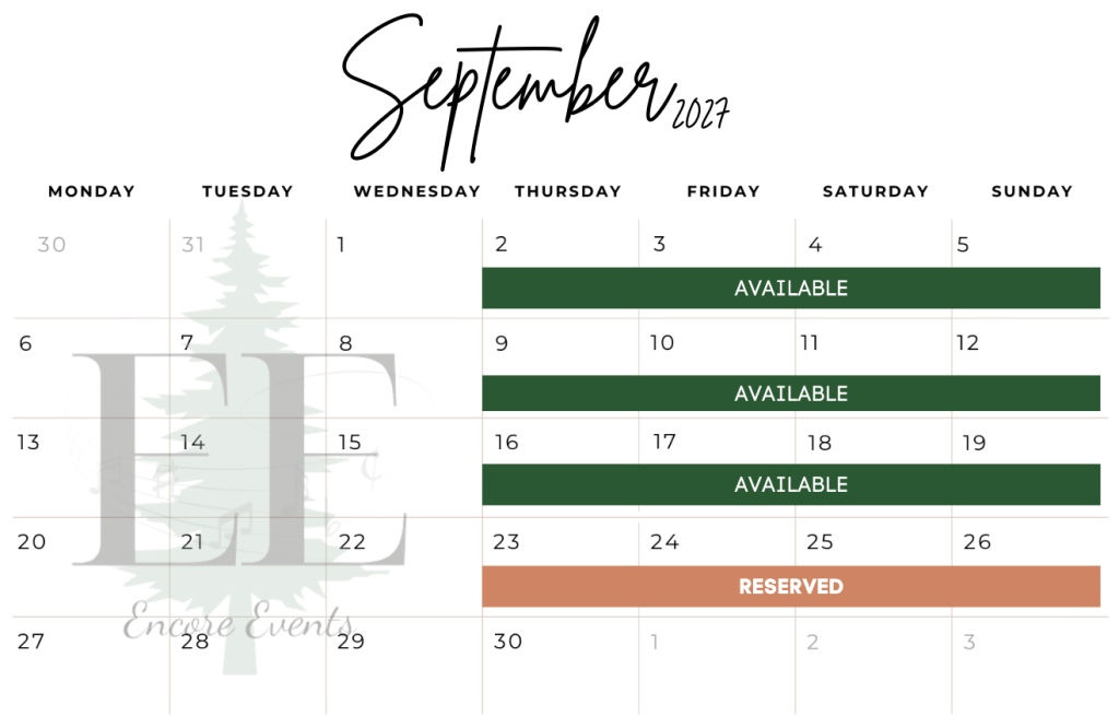 September 2027 Availability calendar EE, Camp Encore Coda