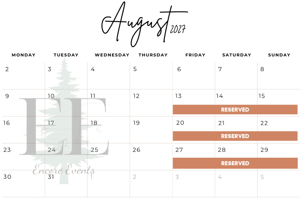Aug 2027 availability as of 72926, Camp Encore Coda