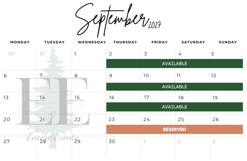 Sept 2027 availability as of 729, Camp Encore Coda